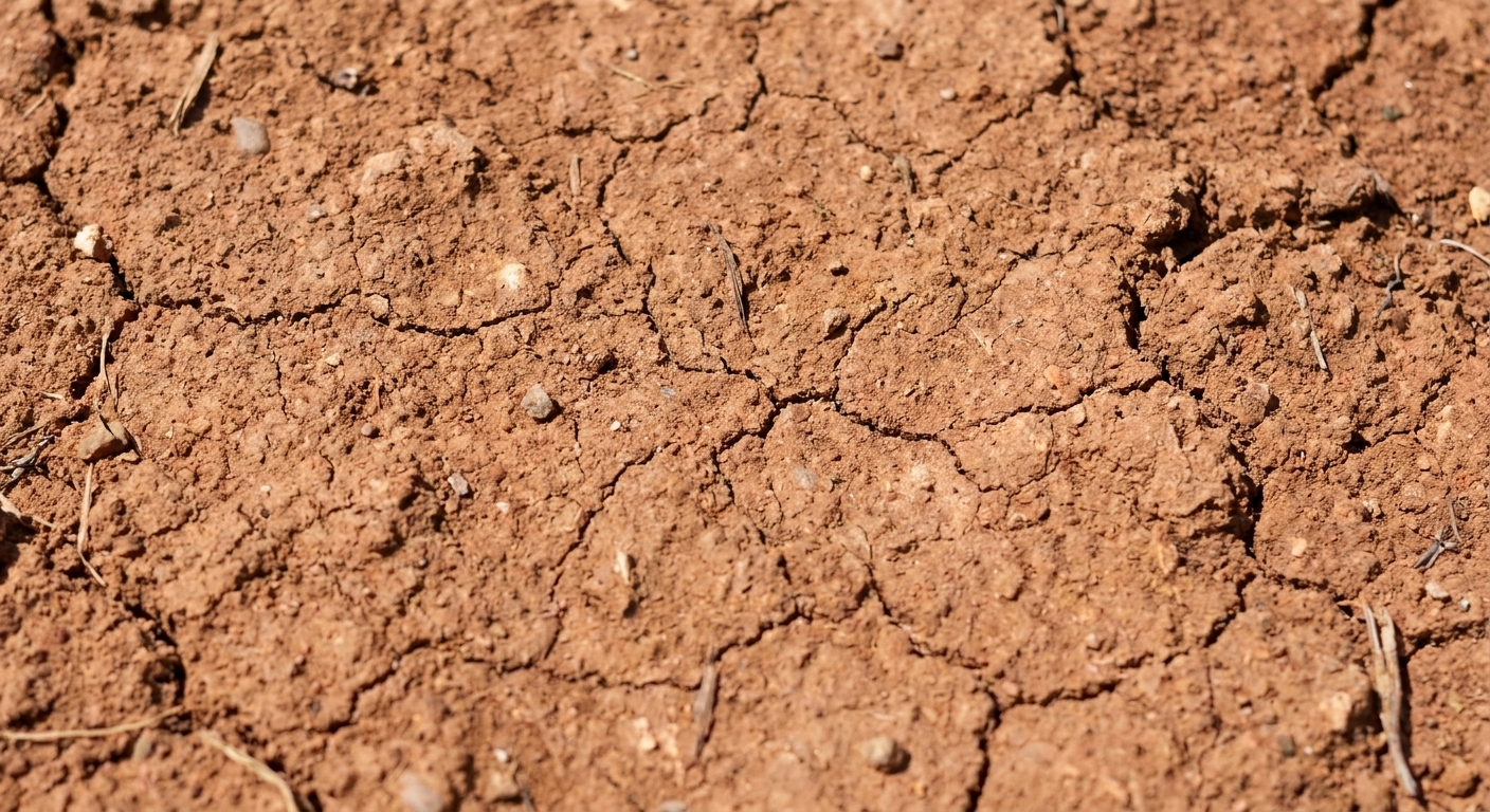 Close-up of dry garden soil with a crusted surface and small cracks forming across the top layer