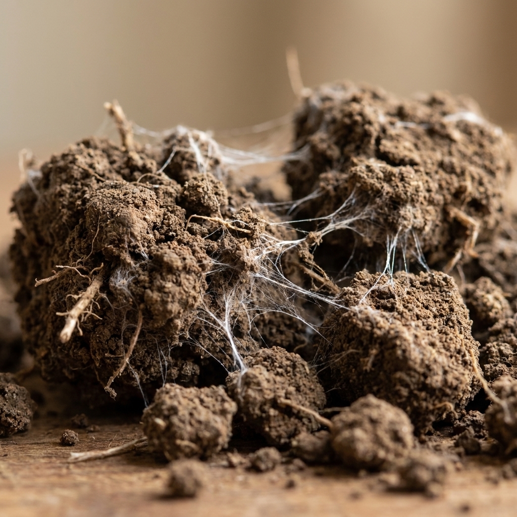 Crumbly soil showing fine white fungal threads running between soil crumbs and tiny root pieces