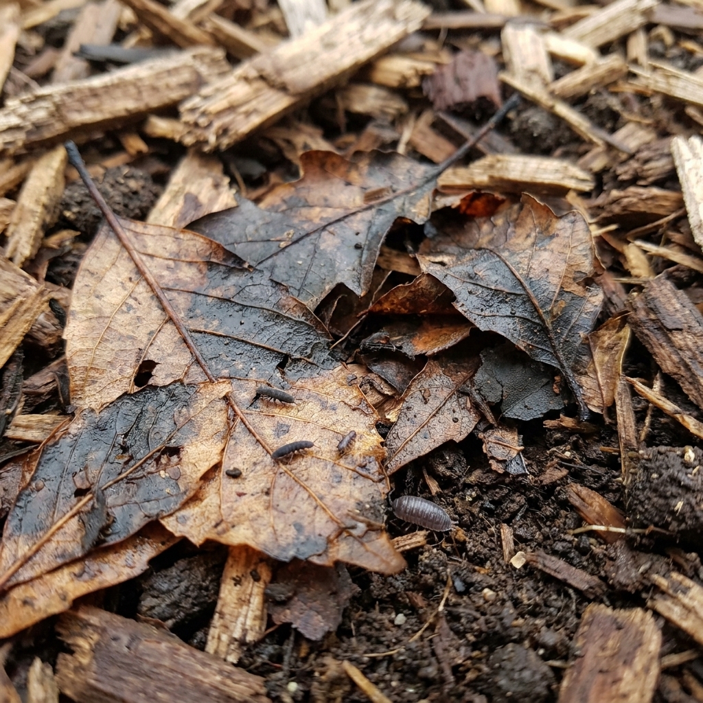 Damp, partially decomposed leaves under a mulch layer with small soil insects visible, photographed close-up in a garden bed