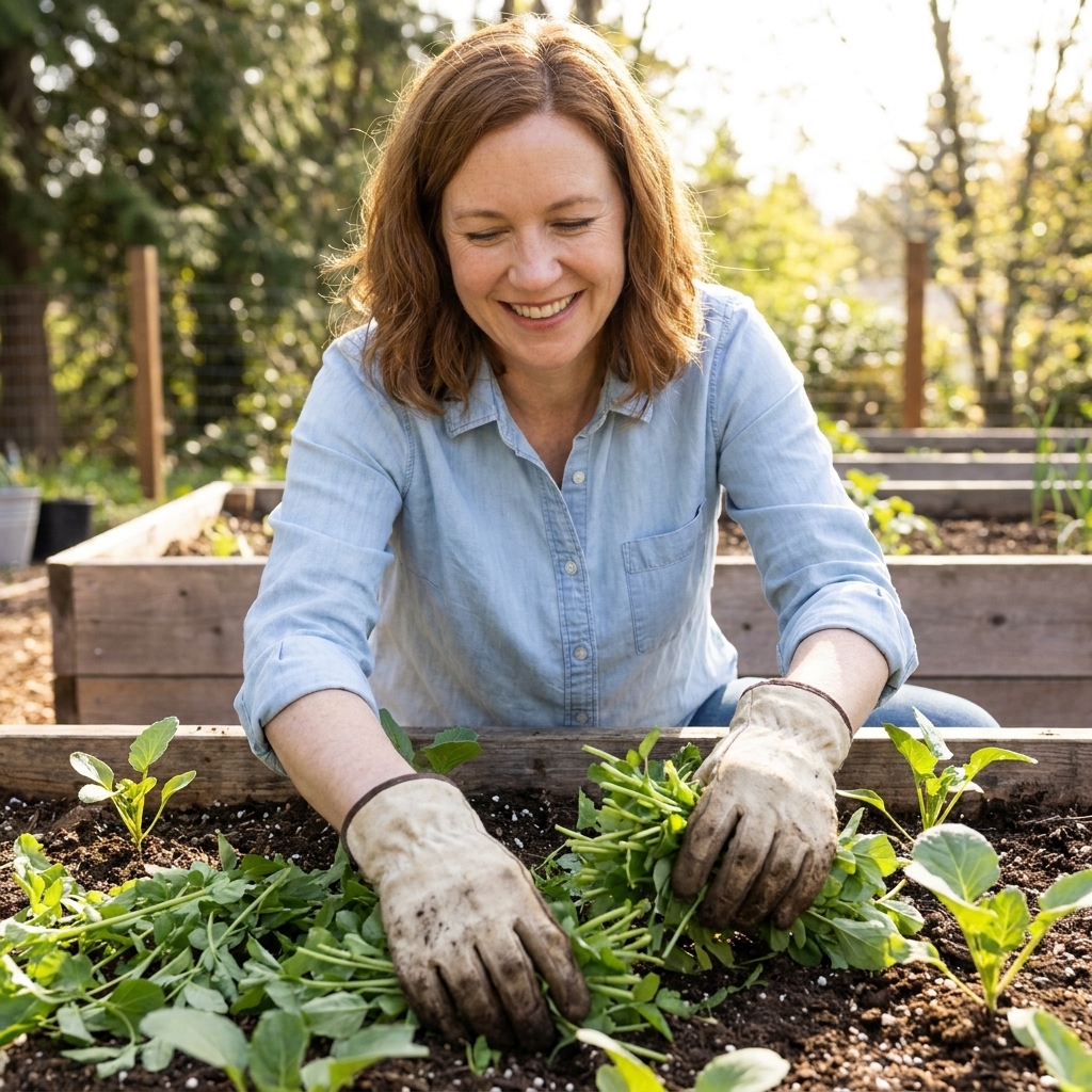 Freshly cut green plant trimmings scattered as mulch around vegetable seedlings in a home garden bed, with soil visible between the leaves