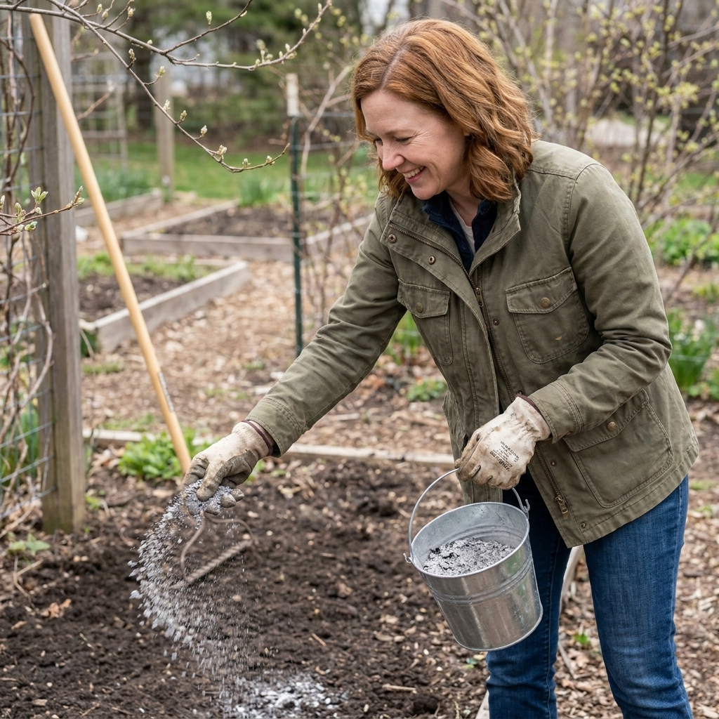 Gloved hands sprinkle a thin dusting of wood ash across bare garden soil in early spring, with a rake lying nearby