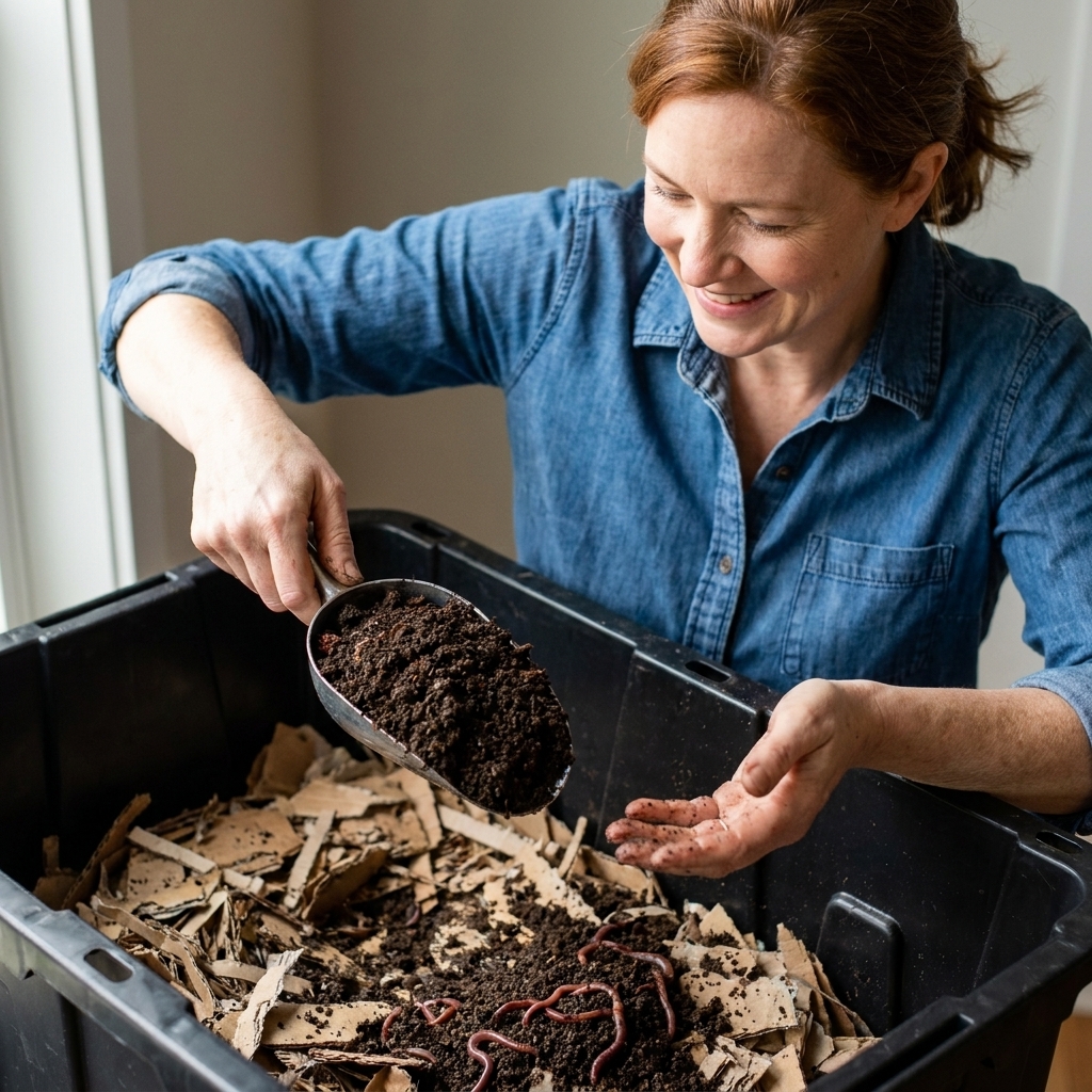 Hands holding a scoop of dark, crumbly worm castings over a large plastic tub with worm bin material visible below