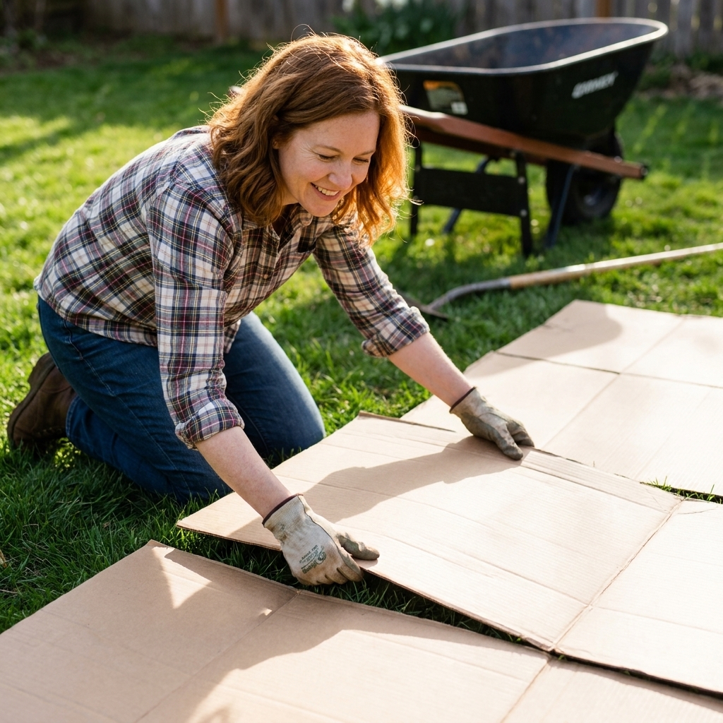 Hands placing overlapping cardboard sheets over a grassy area to start a sheet-mulched garden bed