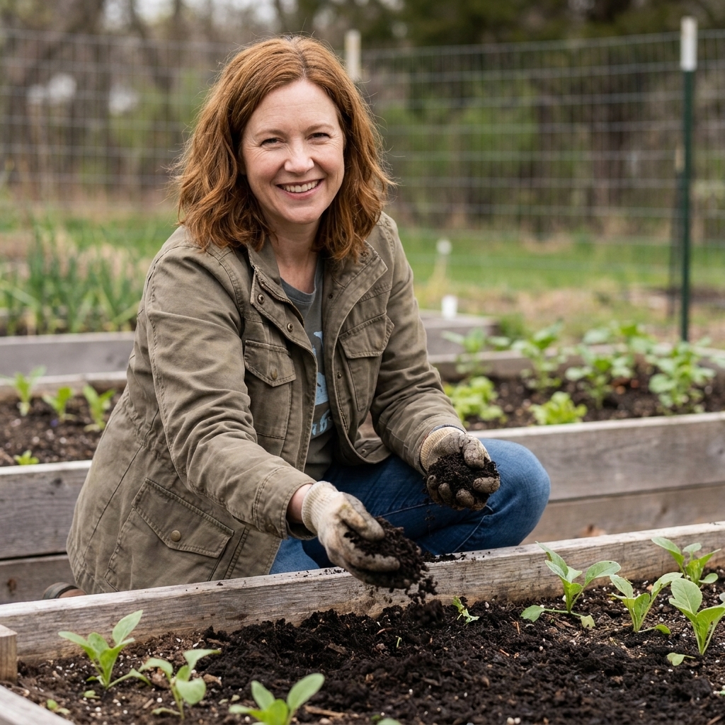 Hands scattering dark finished compost over a raised garden bed in early spring with small seedlings nearby