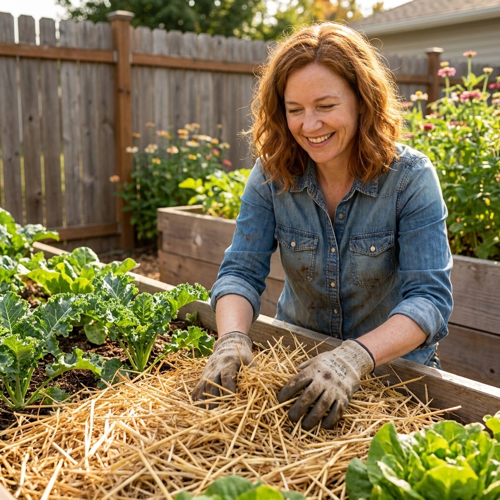 Hands spreading a fluffy layer of straw mulch between rows of leafy greens in a backyard raised bed