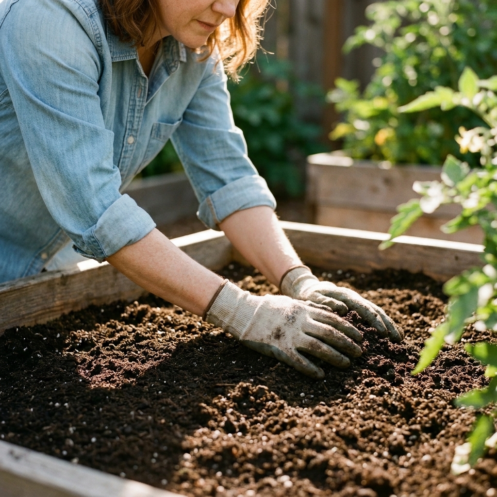Hands spreading dark finished compost evenly across the surface of a wooden raised bed in a backyard garden
