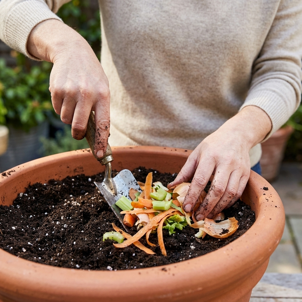 Hands using a small hand trowel to bury chopped vegetable scraps deep in a large patio planter filled with potting soil
