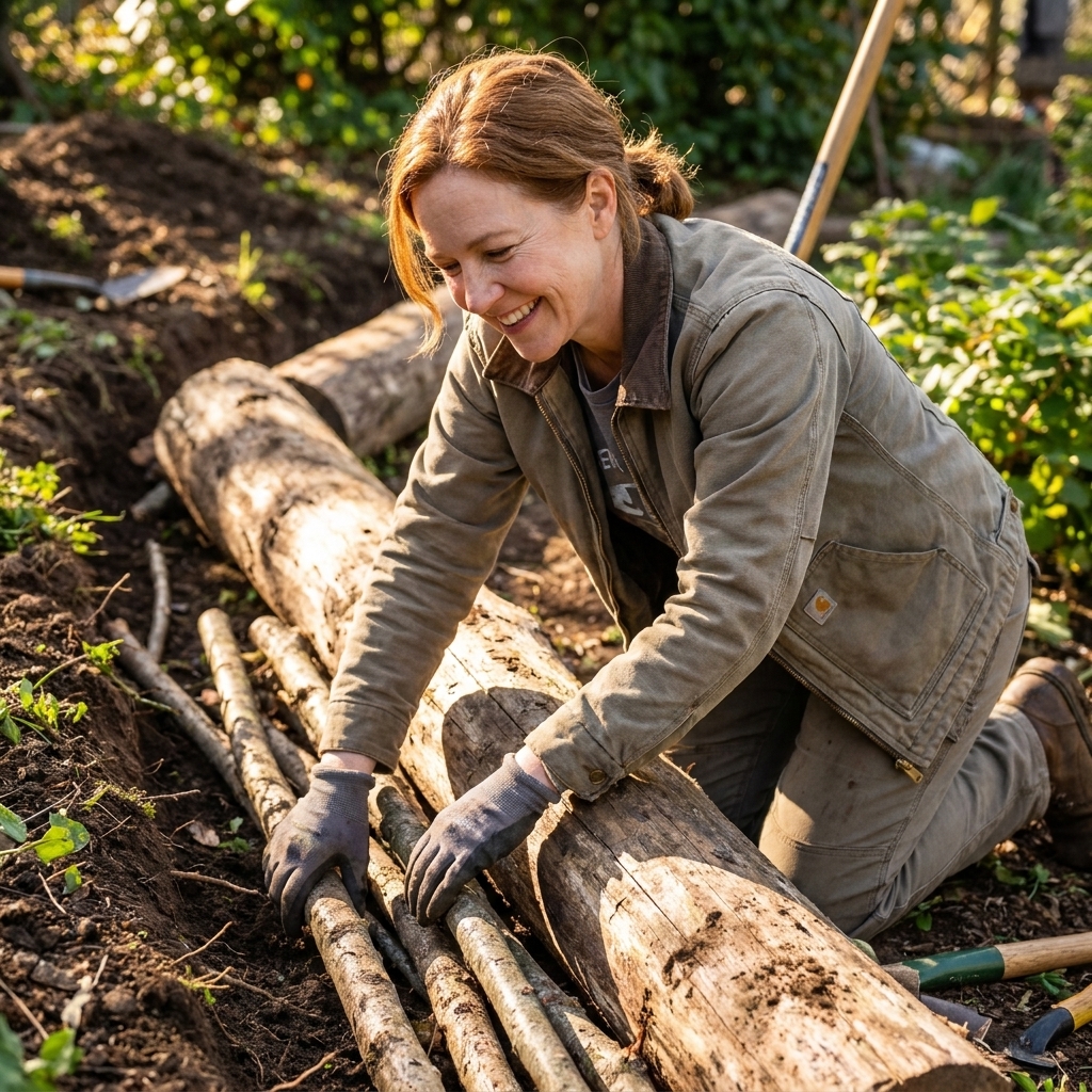 Large logs laid in a shallow trench to form the bottom layer of a hügelkultur bed, with smaller branches being packed into the gaps