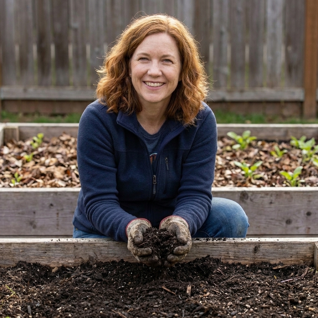 Maggie O'Donnell holding a handful of dark, crumbly finished compost over a raised garden bed, with leaf mulch and green seedlings visible nearby