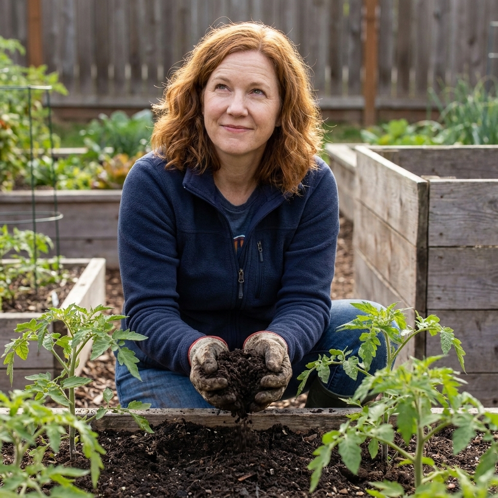 Maggie O'Donnell kneeling in a home vegetable garden, gently crumbling finished compost into dark soil around young tomato plants