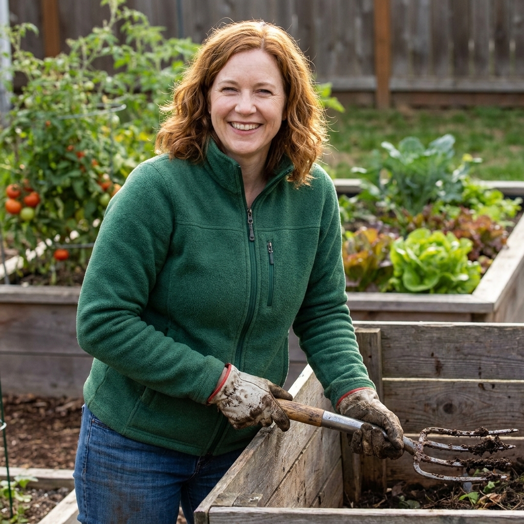 Maggie O'Donnell standing beside a backyard compost bin with a garden fork in hand, wearing muddy gloves and smiling, with a small vegetable bed in the background