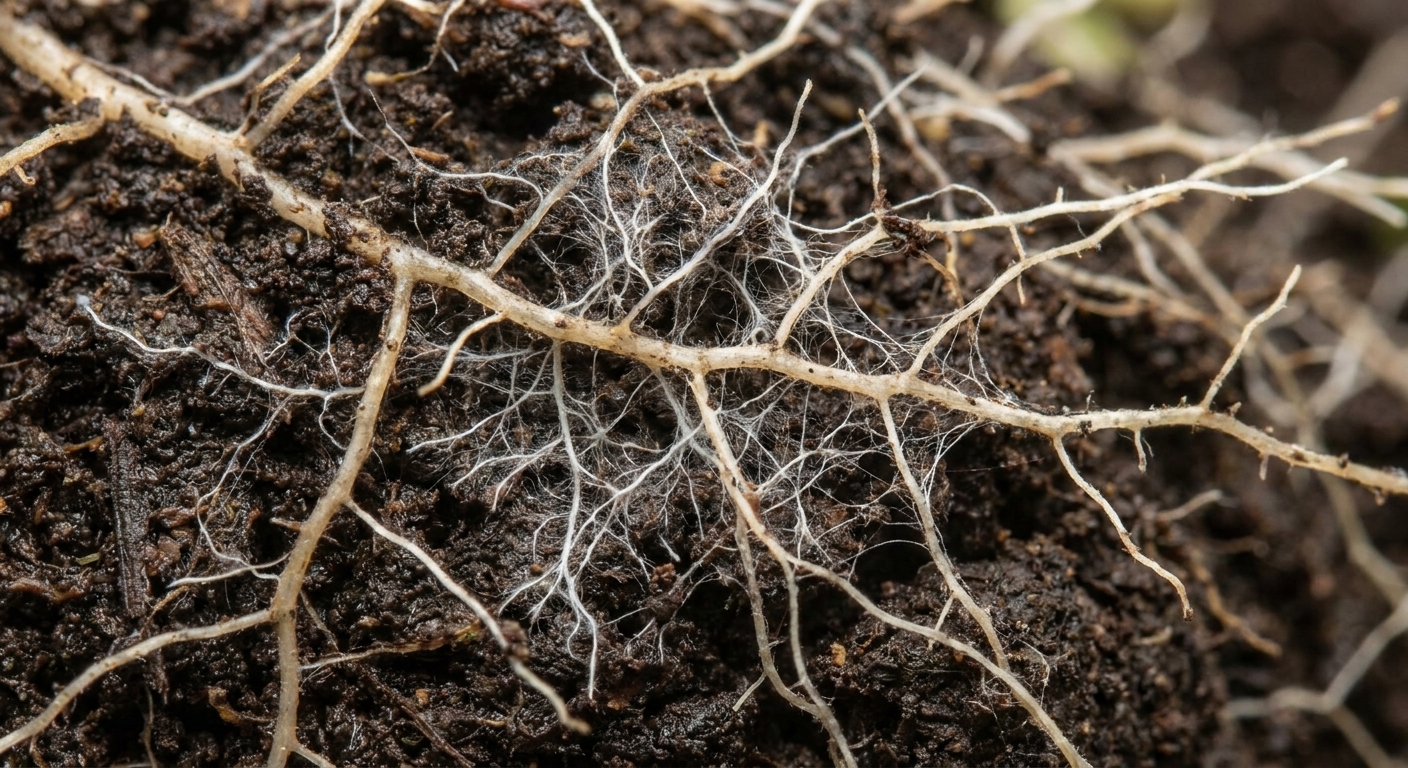 Plant roots in soil with delicate fungal strands surrounding and connecting to the root surface