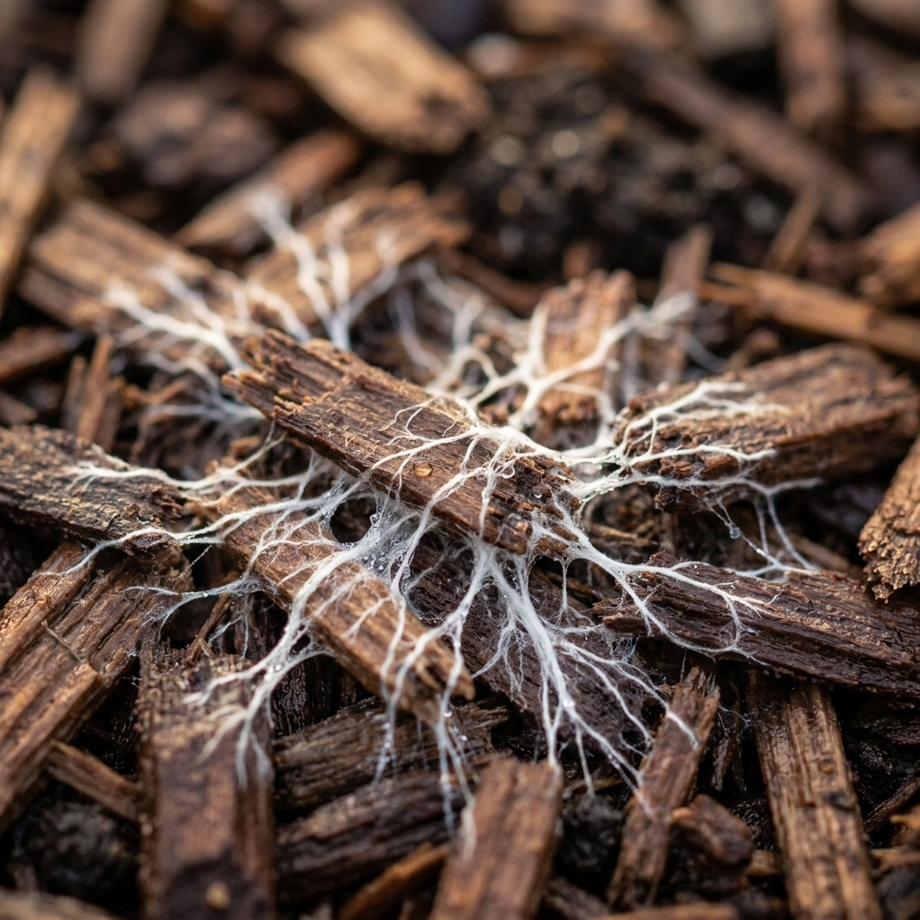 White mycelium threads spreading through damp wood chip mulch in a garden bed, photographed up close